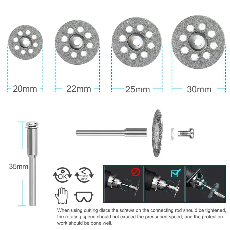 12pcs Diamond Cutting Disc 20/22/25/30mm With 3mm Mandrels Mini Cutting Disc Circular Saw Blade for Dremel Rotary Tools
