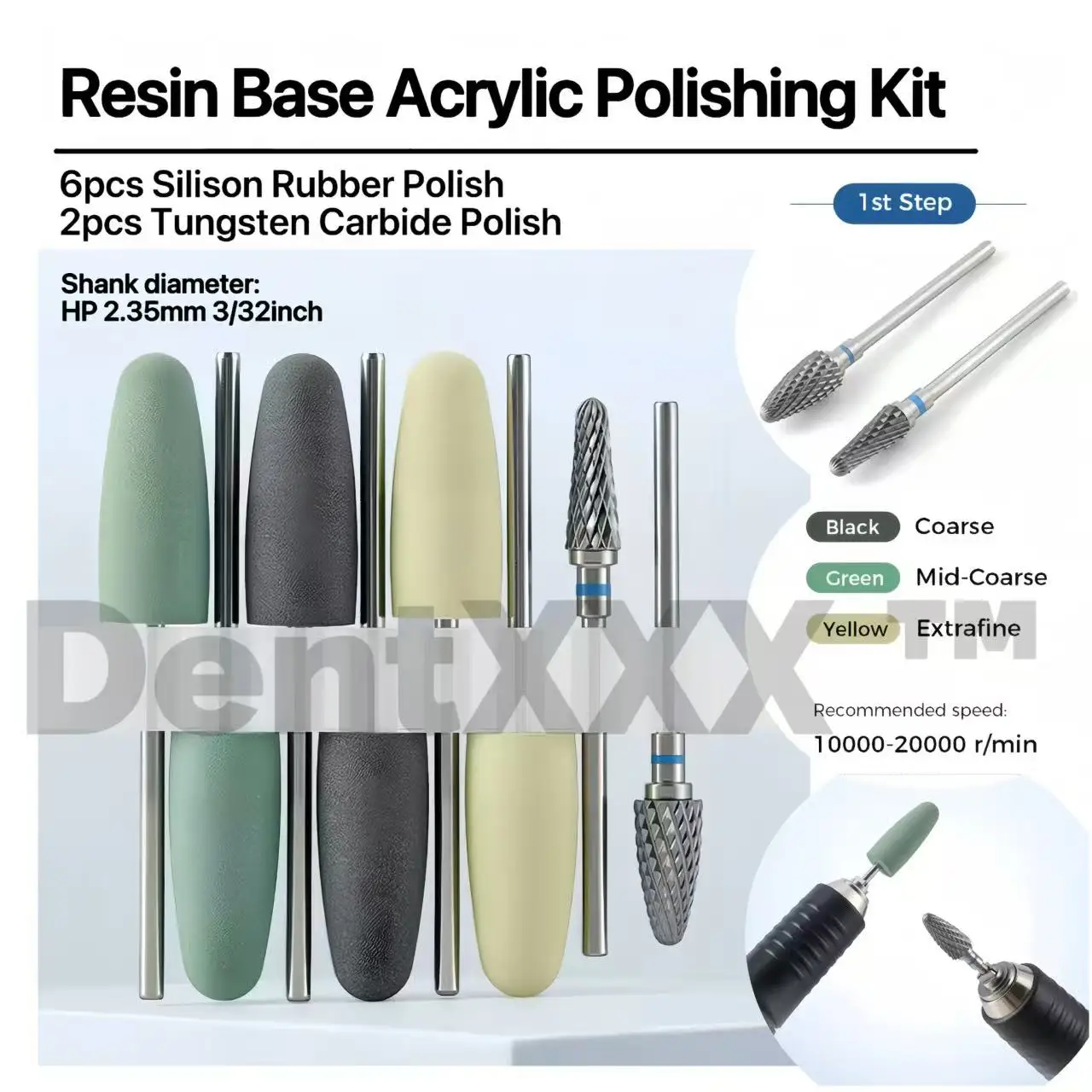 8Pcs Resin Base Acrylic Polishing Kit 6Pcs Silicone Rubber + 2Pcs Tungsten Carbide Polishing Heads 2.35mm Shank for Craft Fin