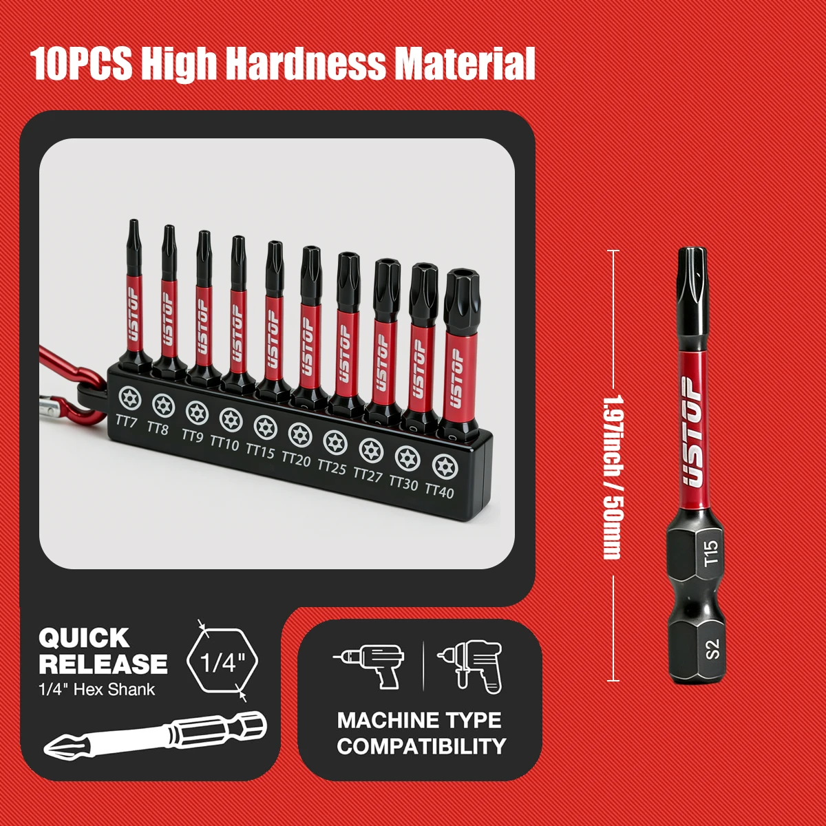 Ustop, 10-Piece Set of Anti-Tamper Star-Shaped Impact Bits with Carabiner Clip, Type Tt7-T40, 50mm Long, Magnetic Safety Torx Bits, S2 Steel Material, Compatible with Electric Drills and Screwdrivers
