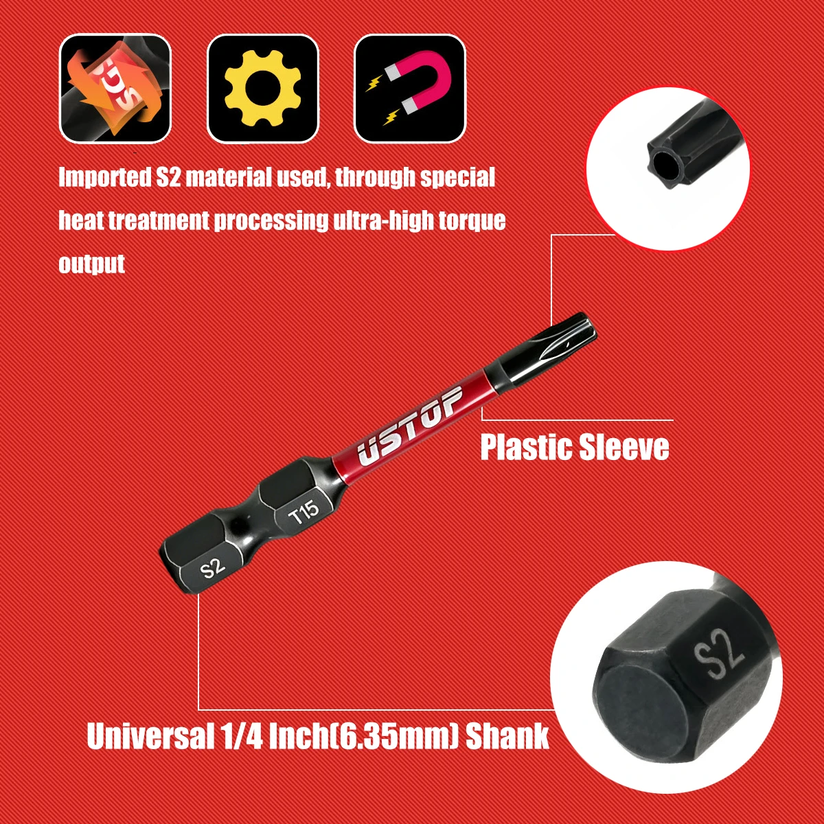 Ustop, 10-Piece Set of Anti-Tamper Star-Shaped Impact Bits with Carabiner Clip, Type Tt7-T40, 50mm Long, Magnetic Safety Torx Bits, S2 Steel Material, Compatible with Electric Drills and Screwdrivers