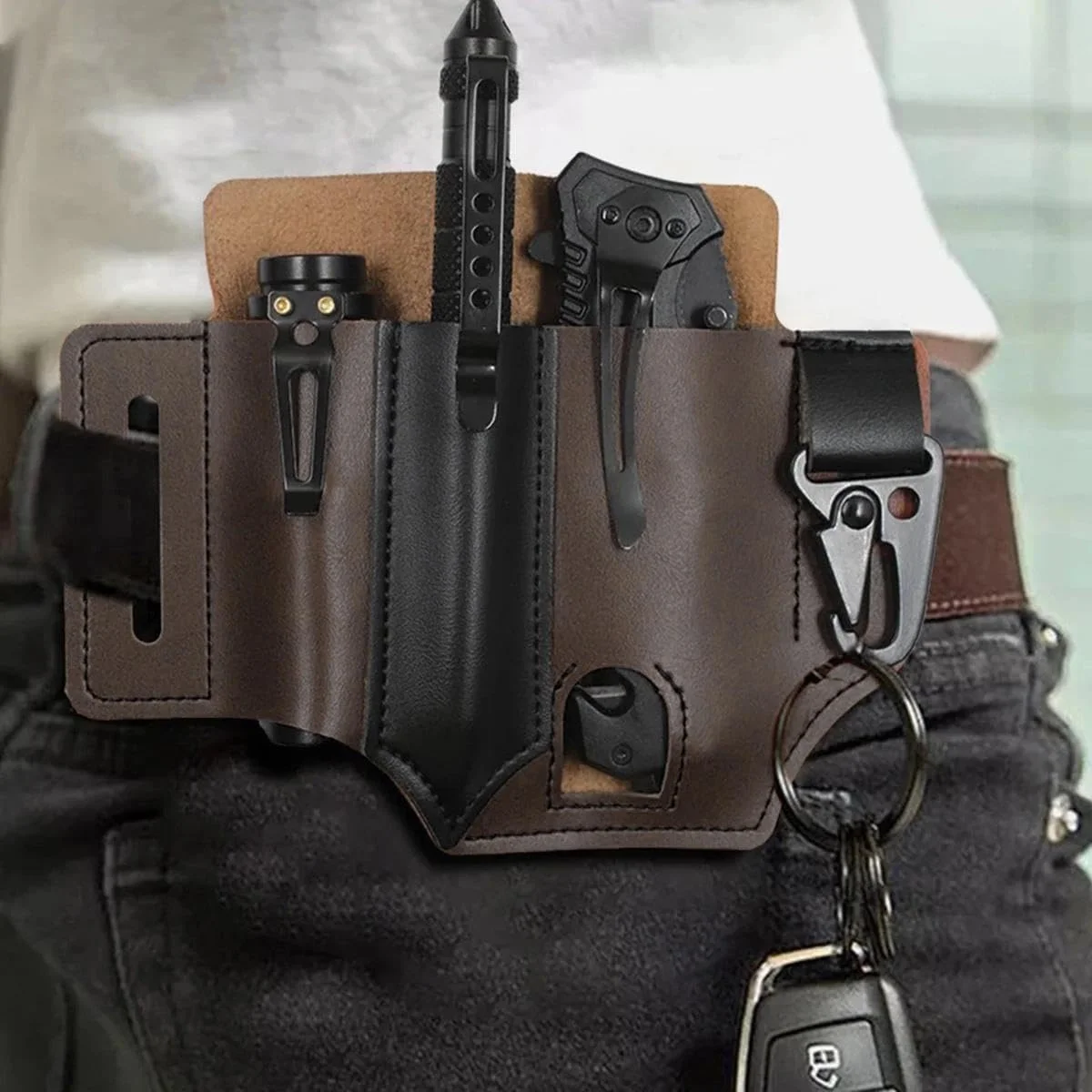 Multitool Sheath for Belt, Sheath for Men, PU Leather EDC Pocket Organizer with Pen Holder, Key Fob, Flashlight Sheath