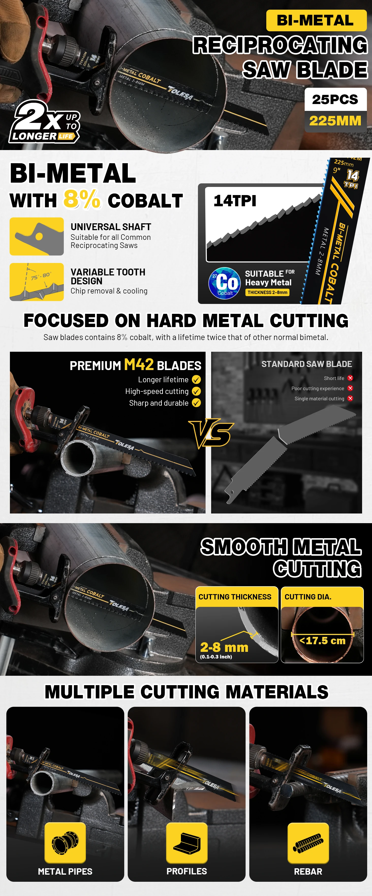 TOLESA Reciprocating Saw Blades 9 Inch Heavy Metal Cutting Reciprocating Saw Blade Bi-Metal Sabre Saw Blades for Rebar 5/10/25PC