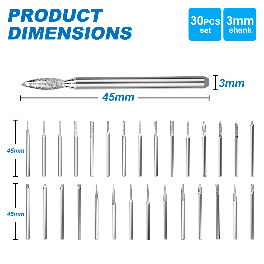 XCAN 30pcs Mini Diamond Burs 3mm Shank Drill Bits Grinding Burr for Dremel Rotary Tools Wood Stone Engraving