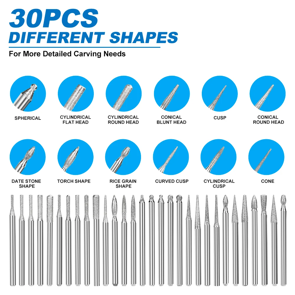 XCAN 30pcs Mini Diamond Burs 3mm Shank Drill Bits Grinding Burr for Dremel Rotary Tools Wood Stone Engraving
