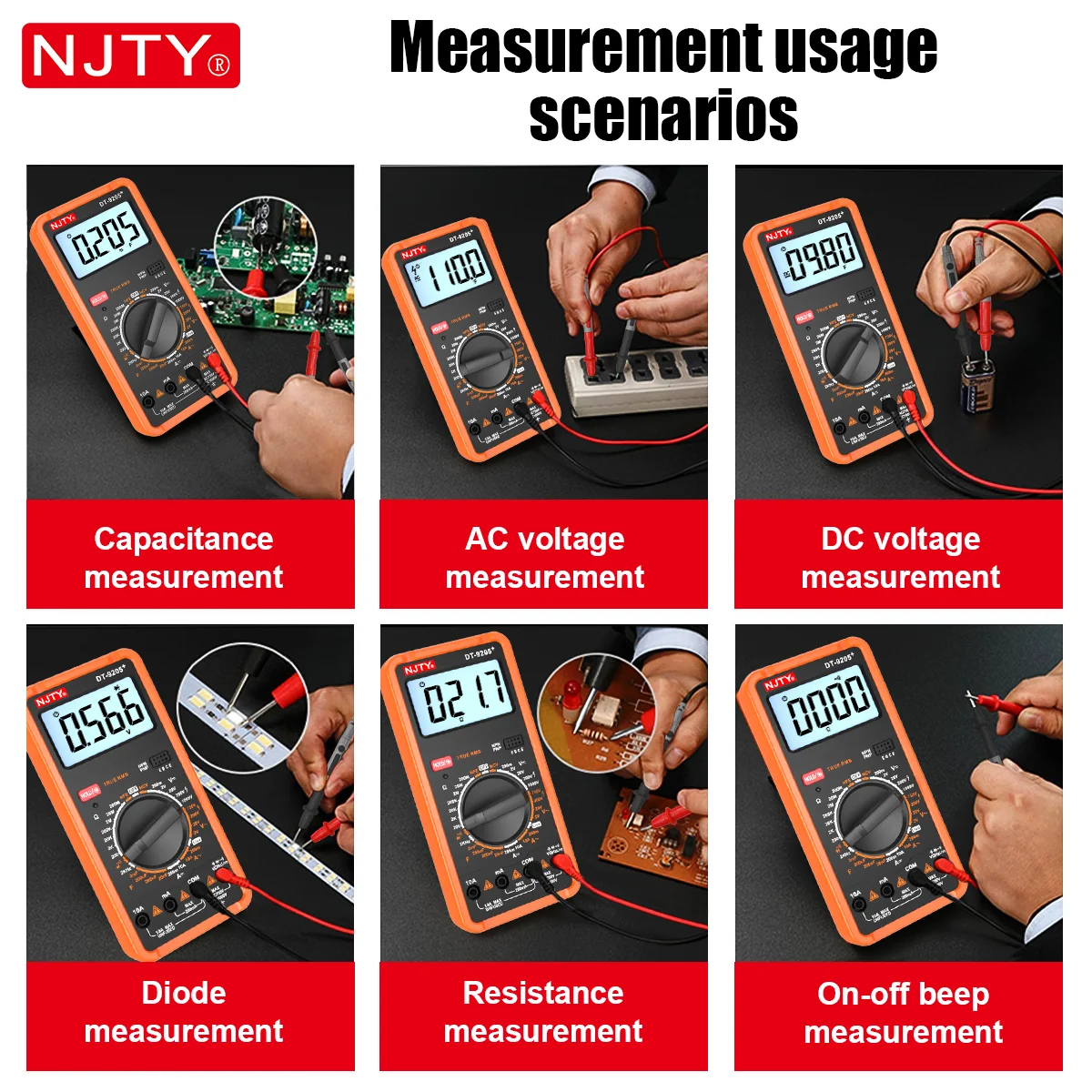 NJTY DT-9205+ Digital Multimeter Manual Range Electrical Tester Voltage Current Resistance Frequency HEF Live Wire Voltage Meter