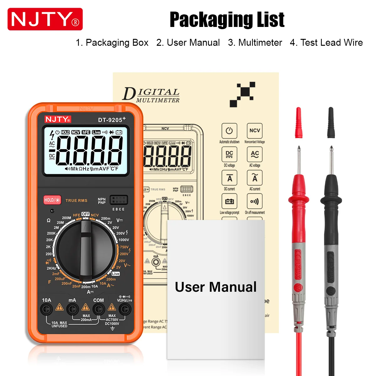 NJTY DT-9205+ Digital Multimeter Manual Range Electrical Tester Voltage Current Resistance Frequency HEF Live Wire Voltage Meter