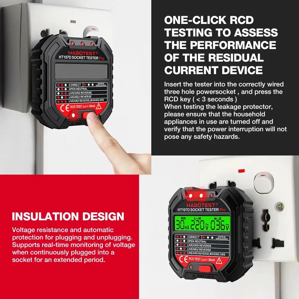 HABOTEST HT107 Pro Socket Tester Voltage Test Socket Detector EU Plug Ground Zero Line Plug Polarity Phase Check