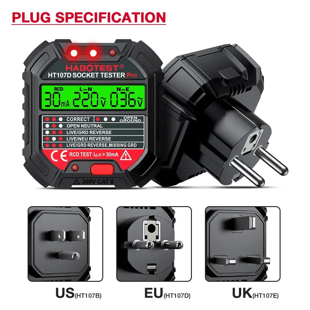 HABOTEST HT107 Pro Socket Tester Voltage Test Socket Detector EU Plug Ground Zero Line Plug Polarity Phase Check
