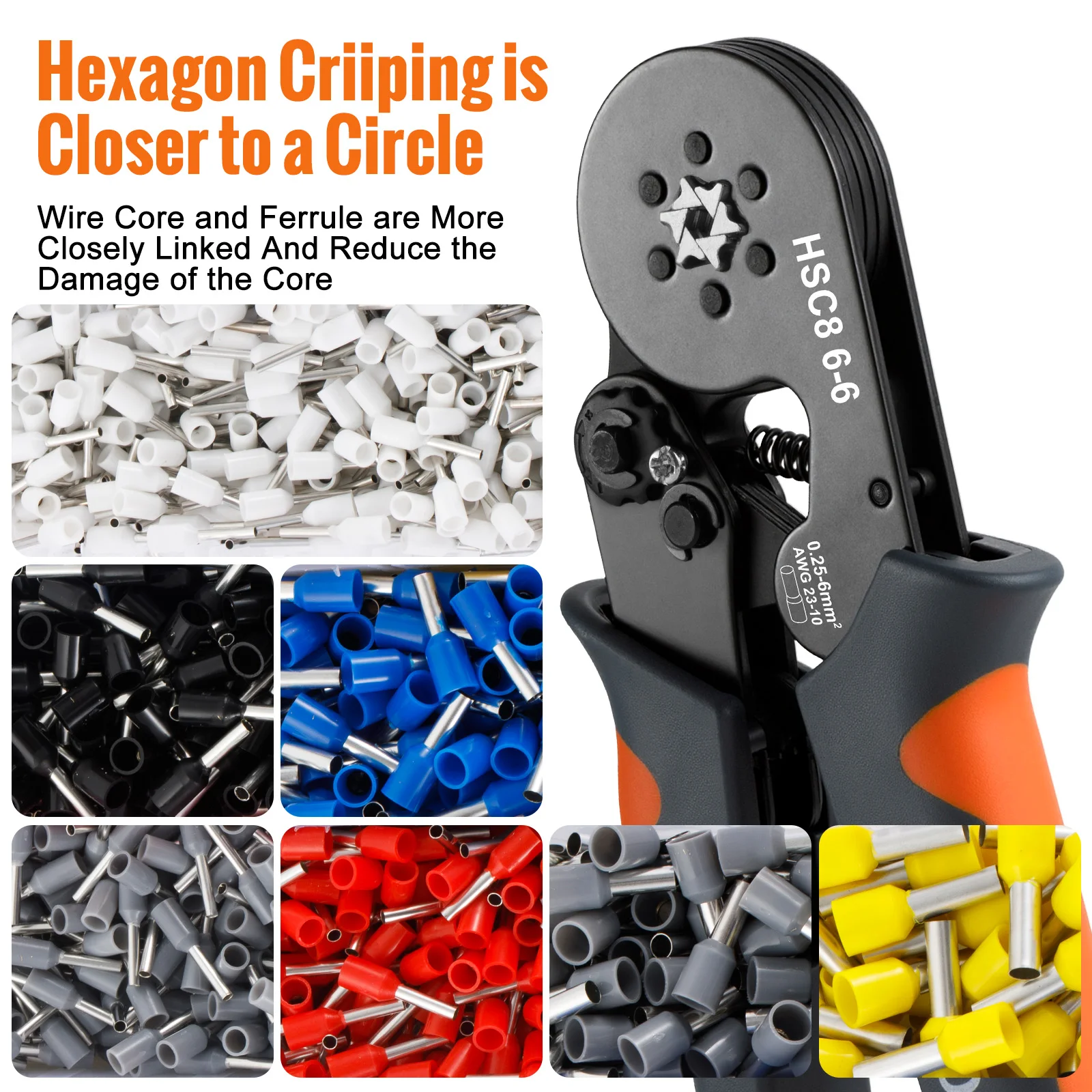 Hexagonal Self-Adjustable Ratchet Ferrule Crimping Tool Kit 23-7AWG 0.25-10mm² Crimper Kit with Ferrule Sleeves Wire Terminals