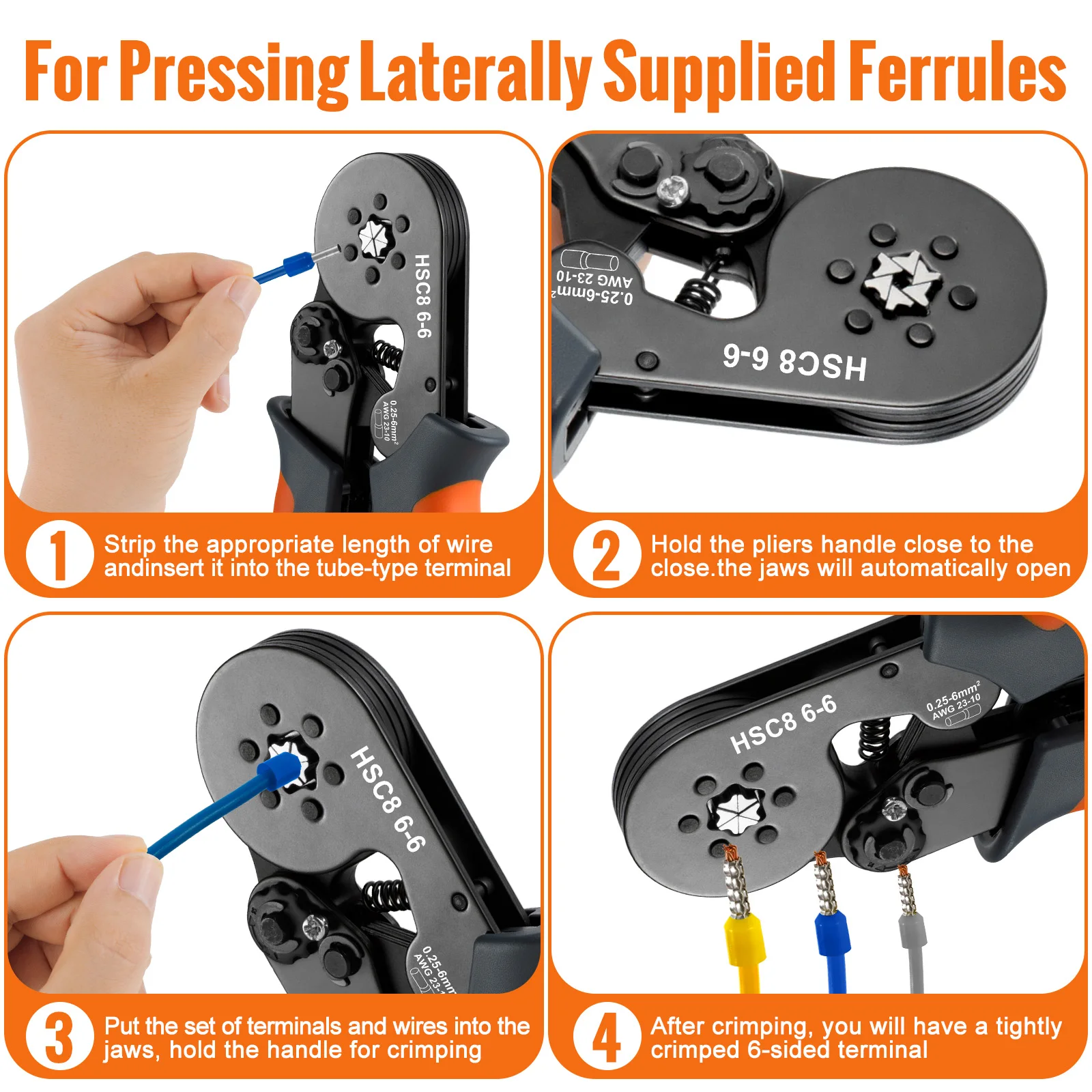 Hexagonal Self-Adjustable Ratchet Ferrule Crimping Tool Kit 23-7AWG 0.25-10mm² Crimper Kit with Ferrule Sleeves Wire Terminals