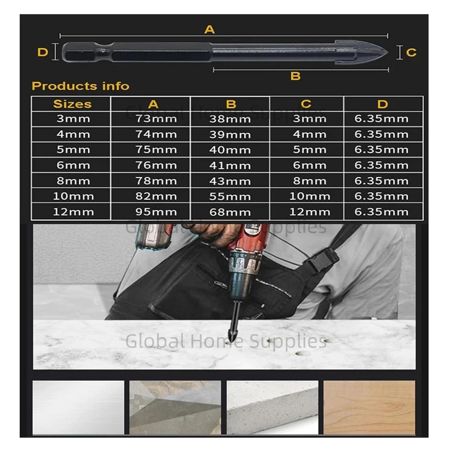 10Pcs 3/4/5/6/7/8/10/12mm Cross Hex Drill Bit Set for Tile Porcelain Glass Mirror Multifunction Tile Porcelain Carbide Drills