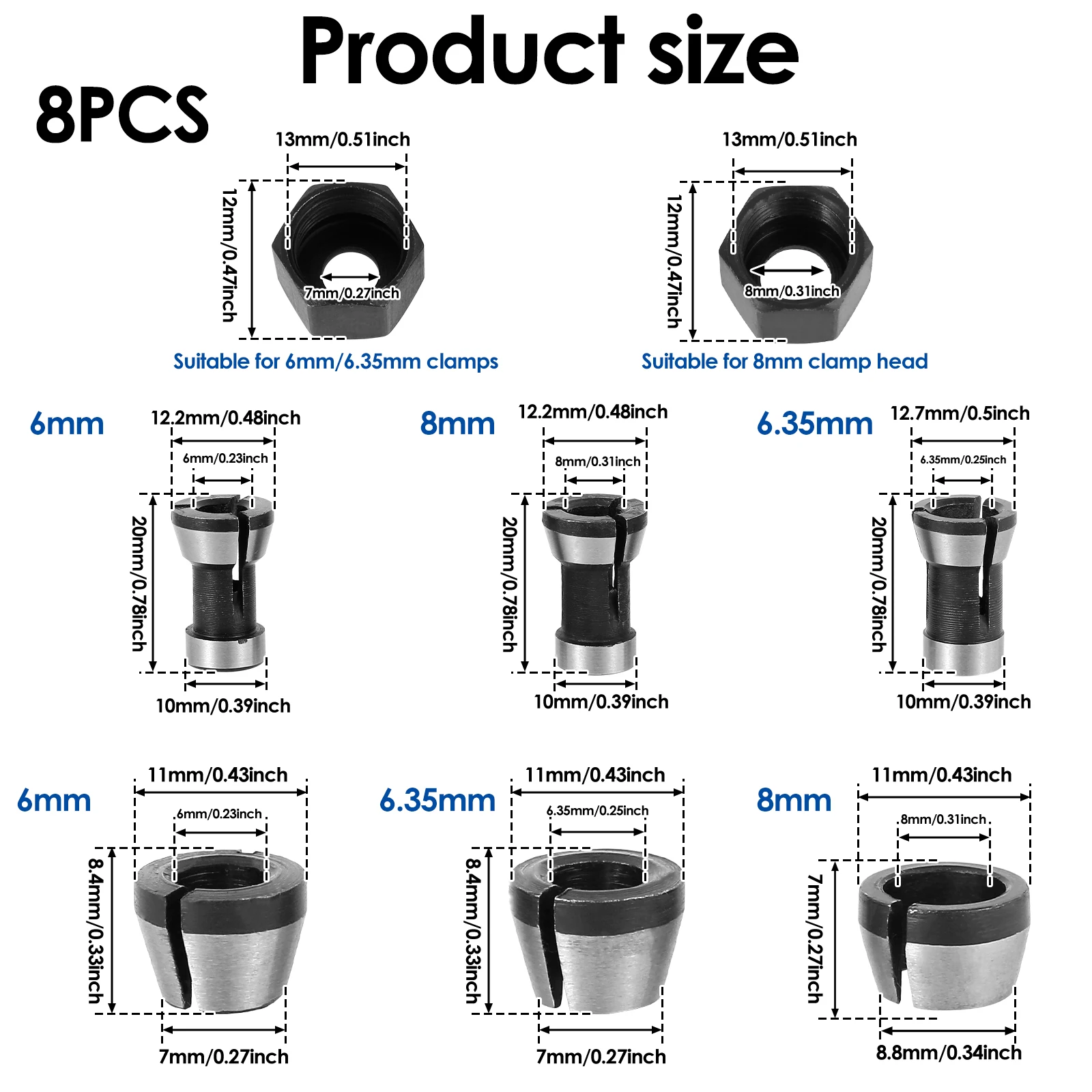 6/8/12pcs Router Collet Chuck 6mm 6.35mm 8mm High Precision Trimmer Collet Adapter for Woodworking CNC Engraving Trimming Carvin