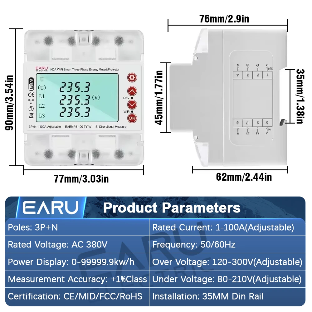 EARU Three Phase Tuya WiFi Smart Bidirectional Energy Power kWh Meter Over Under Voltage Protector Relay Switch Current Limit