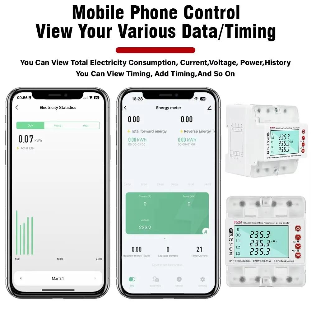 EARU Three Phase Tuya WiFi Smart Bidirectional Energy Power kWh Meter Over Under Voltage Protector Relay Switch Current Limit