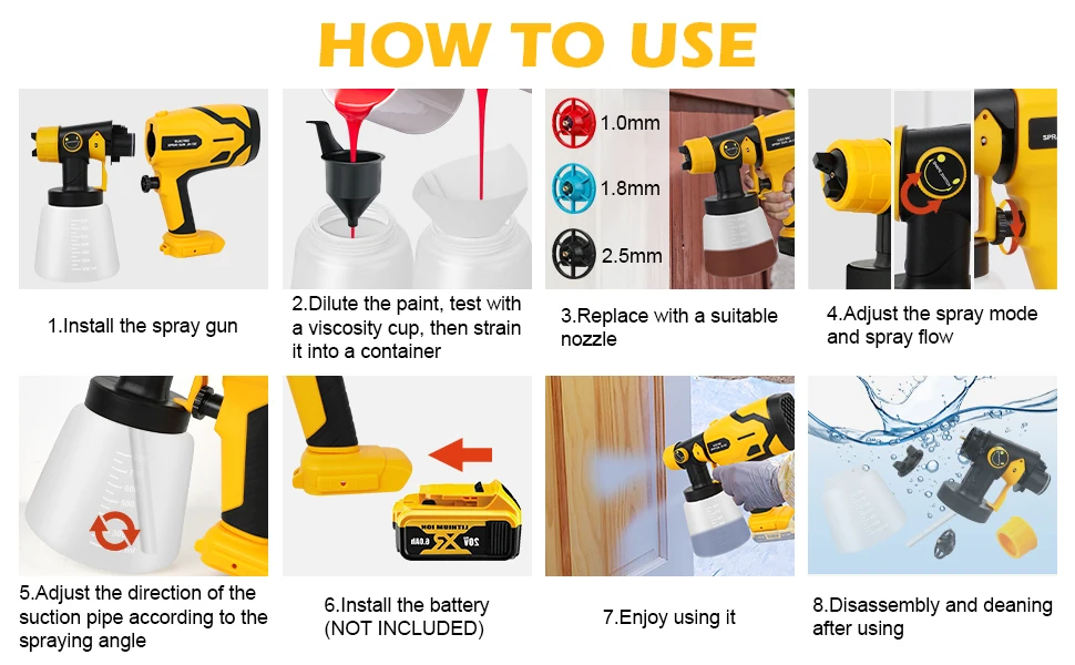 1500W Electric Cordless Spray Gun HVLP Paint Sprayer For Dewalt 20V MAX Battery Furniture Coating Airbrush
