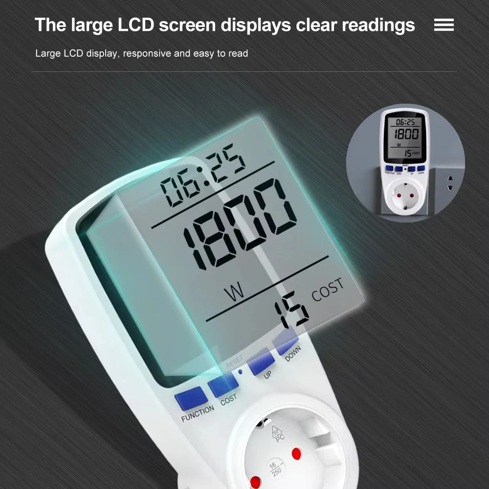 AC 220V EU Plug Digital Energy Power Wattmeter Meter Socket Kwh Wattage Voltage Analyzer Electricity Outlet Power Analyzer