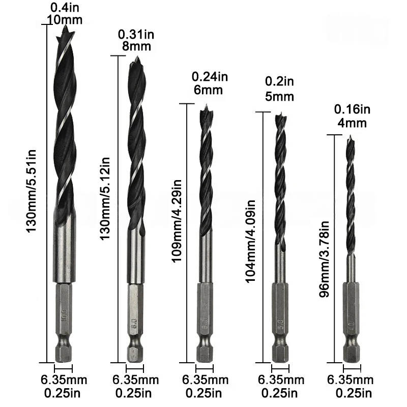 5pc hexagonal handle three pointed woodworking drill 4-10mm woodworking hole expanding power drilling tool accessory set