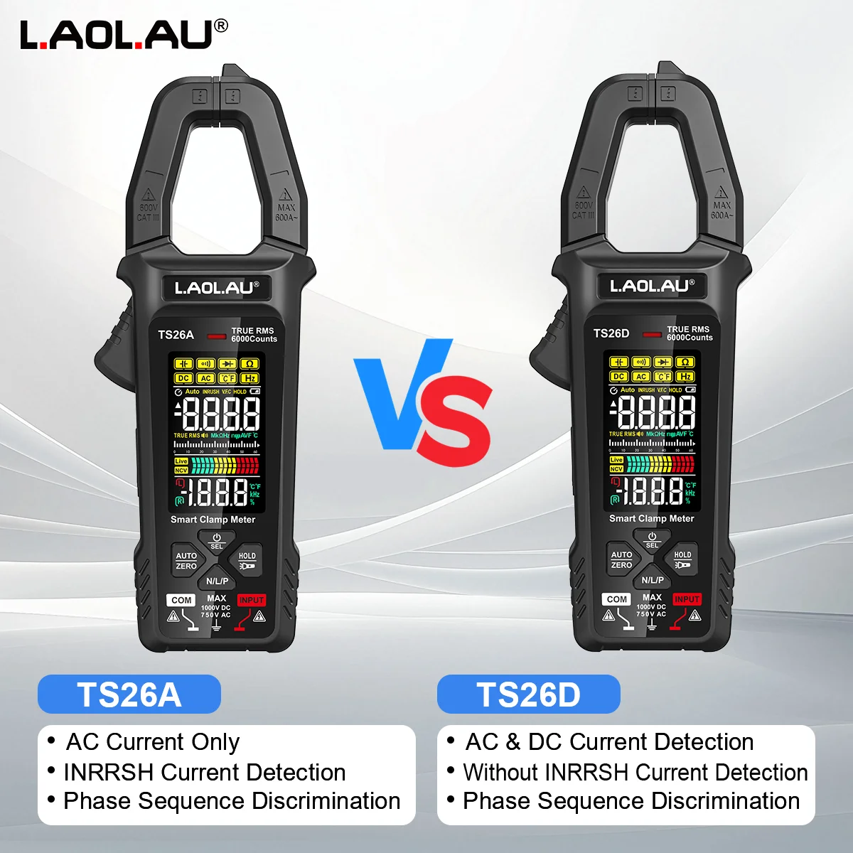 LAOLAU Digital Clamp Multimeter Phase Sequence AUTO Range Color Screen Rechargeable AC/DC Current Electric Tester TS26A TS26D