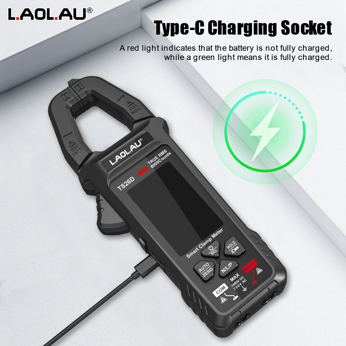 LAOLAU Digital Clamp Multimeter Phase Sequence AUTO Range Color Screen Rechargeable AC/DC Current Electric Tester TS26A TS26D