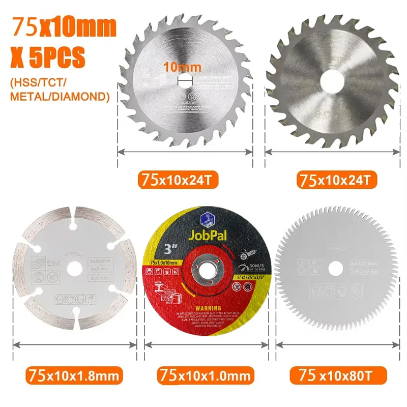 5Pcs 75x10mm (3Inch) Saw Blade Set TCT HSS Diamond Fiber Cutting Disc for Mini Angle Grinder, Wood Metal Tile Plastic Cutting Ci