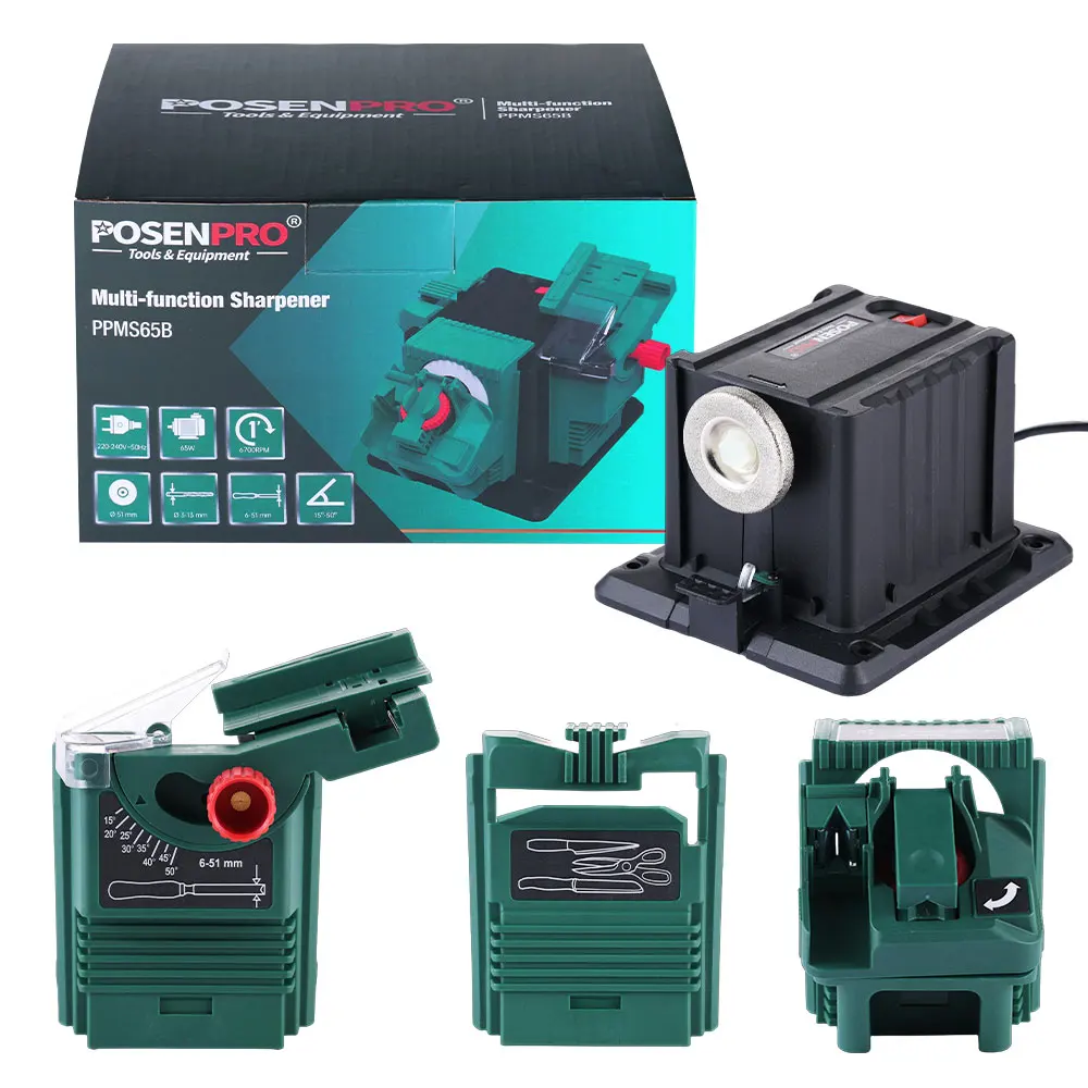 POSENPRO 65W Multi-Functional Electric Sharpener, Bench Mounting Multipurpose Sharpener/Chisel/HSS Drill Sharpening 220-240V