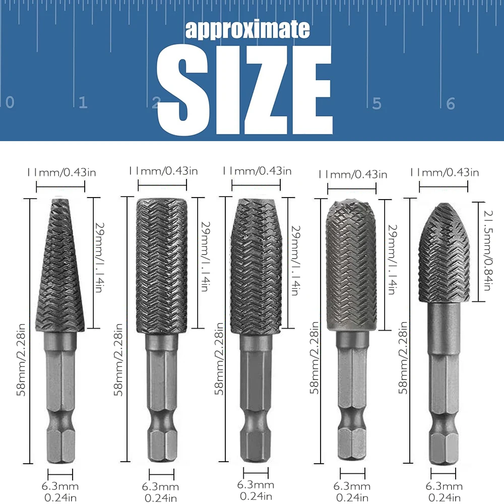 5pcs Hex Shank Rotary Steel File Set for Drilling, Grinding, Sanding & Engraving - Durable Carbon Steel, Dark Gray