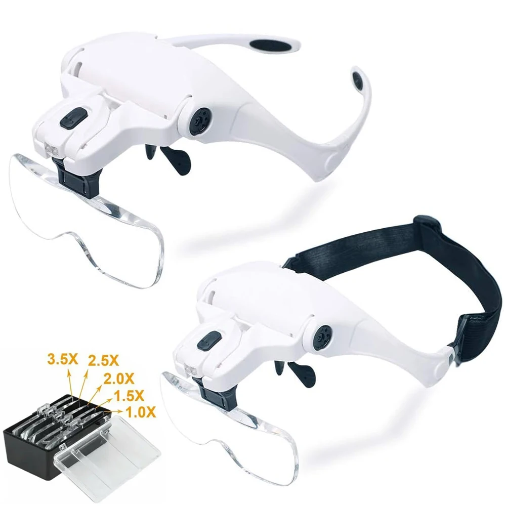 Headband Magnifying Glasses Illuminated Head Magnifier 1.0X 1.5X 2.0X 2.5X 3.5X 2 Lights Adjustable Lens Optical Magnify Glass