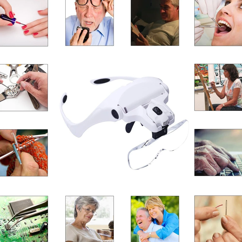 Headband Magnifying Glasses Illuminated Head Magnifier 1.0X 1.5X 2.0X 2.5X 3.5X 2 Lights Adjustable Lens Optical Magnify Glass