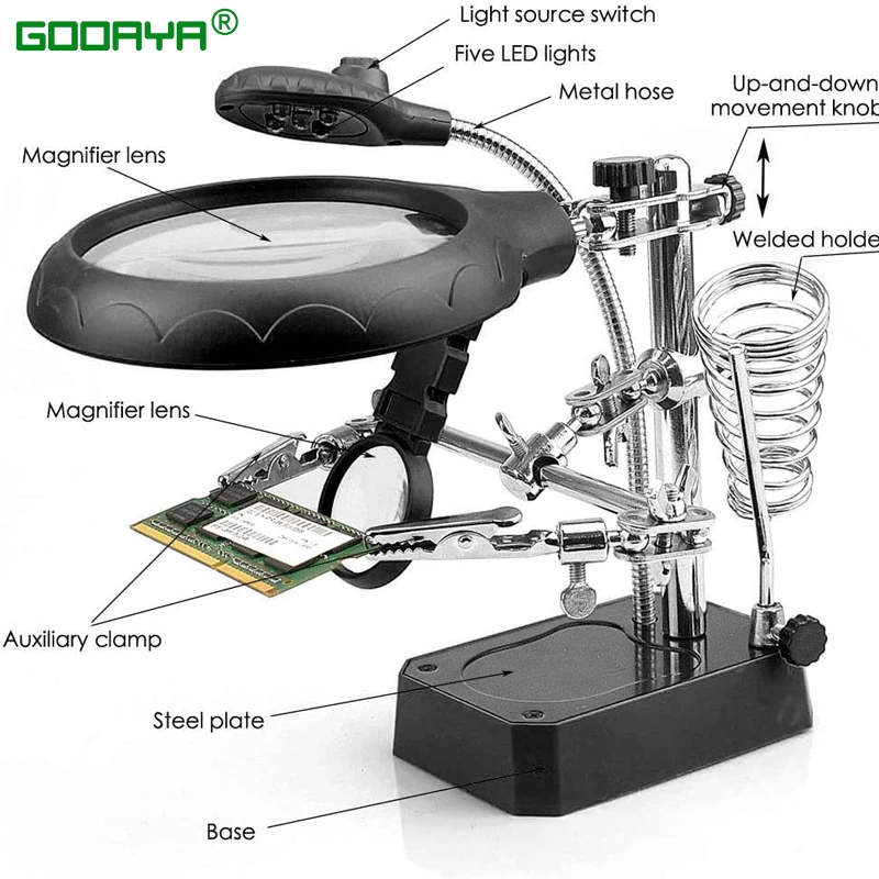 Welding Magnifying Glass LED Light Auxiliary Clip loupe Magnifier 3 In1 Hand Soldering Solder Iron Stand Holder Station