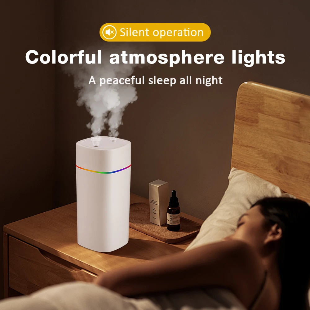 600ML Air Humidifier Double Spray Port Essential Oil Aromatherapy Diffuser Mute Atomizer Colorful Lights For Home Office Car