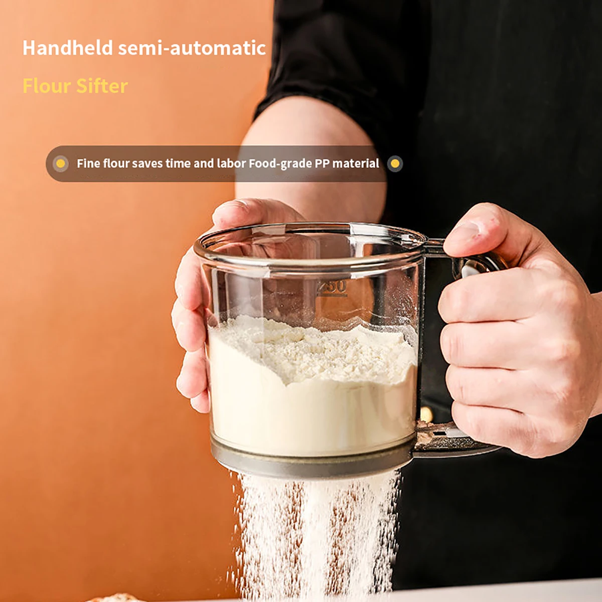 Kitchen baking, cake flour sieve, 40 mesh semi-automatic filter sieve, flour sieve with capacity scale