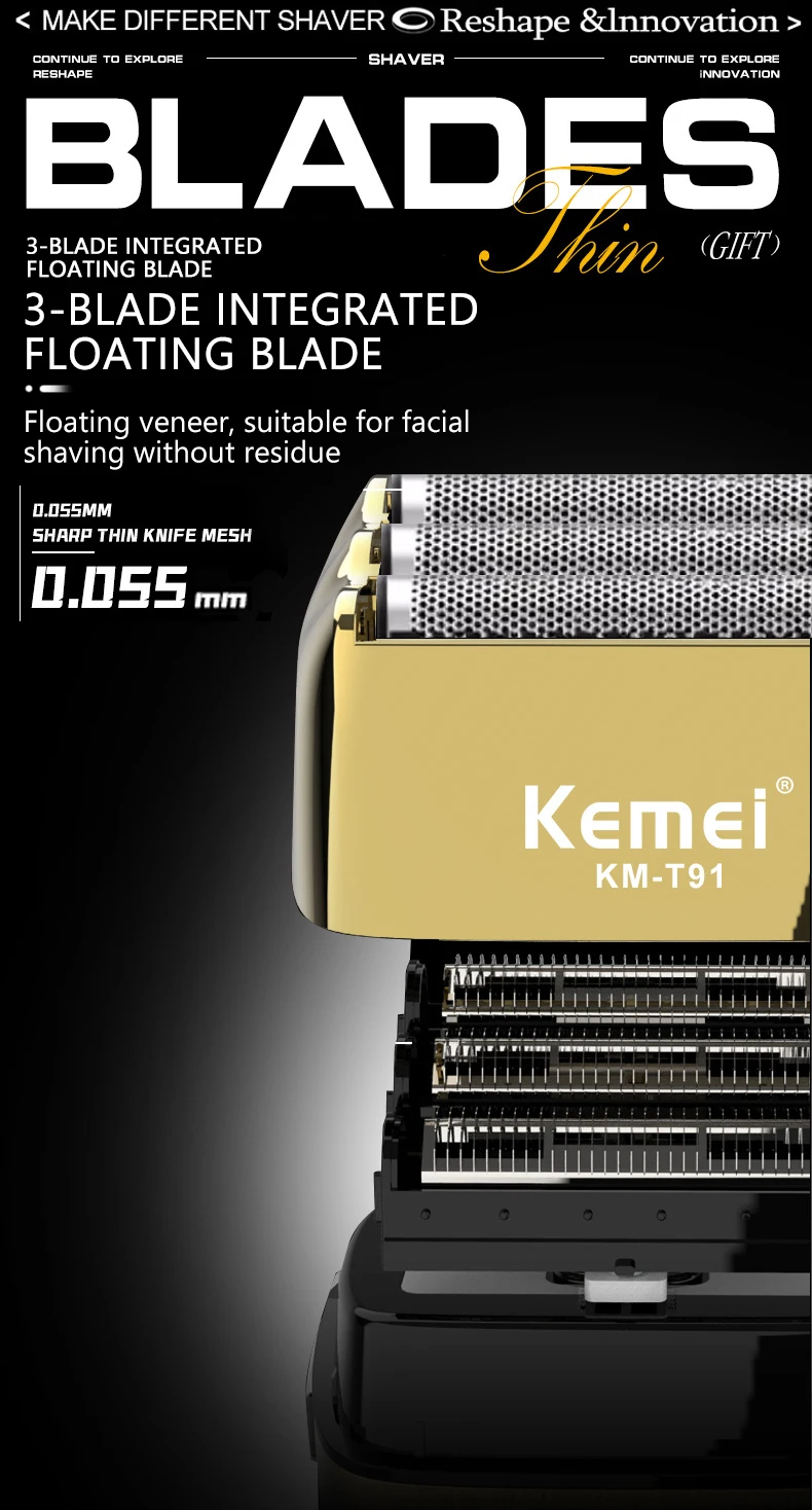 Kemei Electric Triple Blades Razor Rechargeable Barber Foil Shavers Professional Cordless Bald Head Shaving Machine Men KM-T91