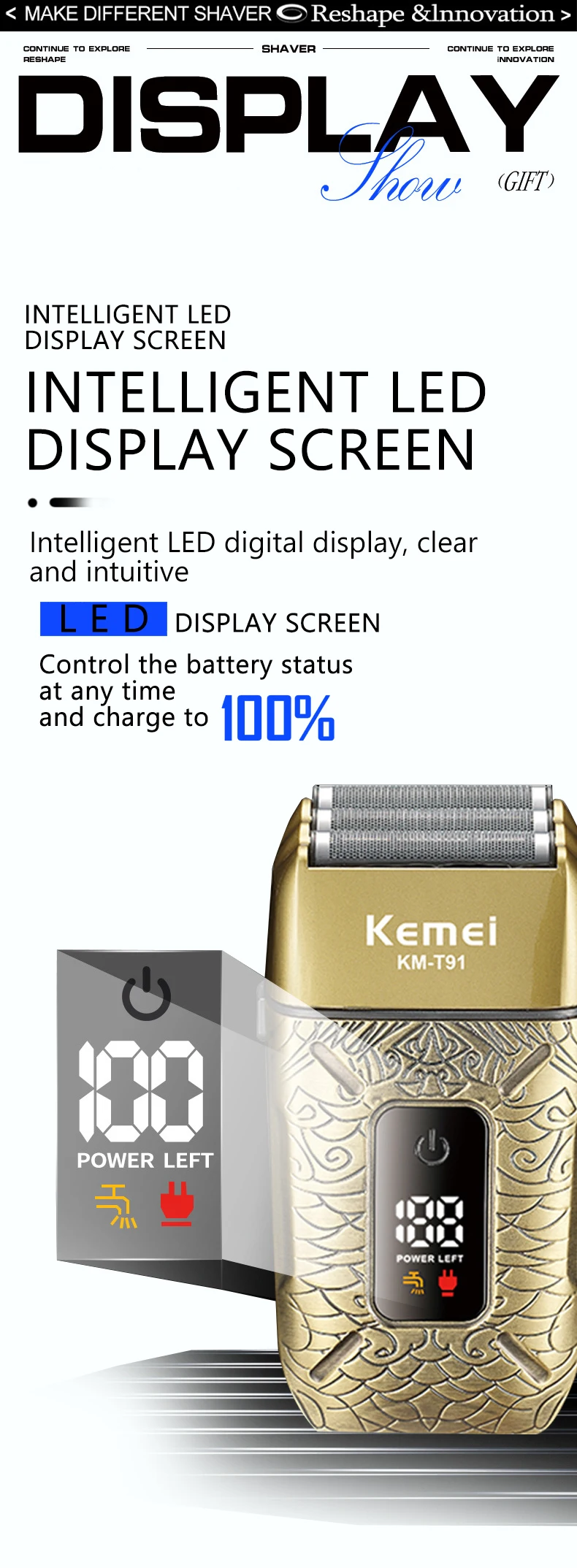 Kemei Electric Triple Blades Razor Rechargeable Barber Foil Shavers Professional Cordless Bald Head Shaving Machine Men KM-T91