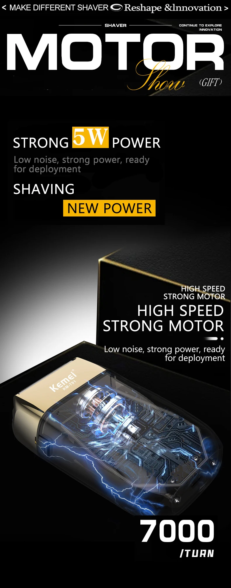 Kemei Electric Triple Blades Razor Rechargeable Barber Foil Shavers Professional Cordless Bald Head Shaving Machine Men KM-T91