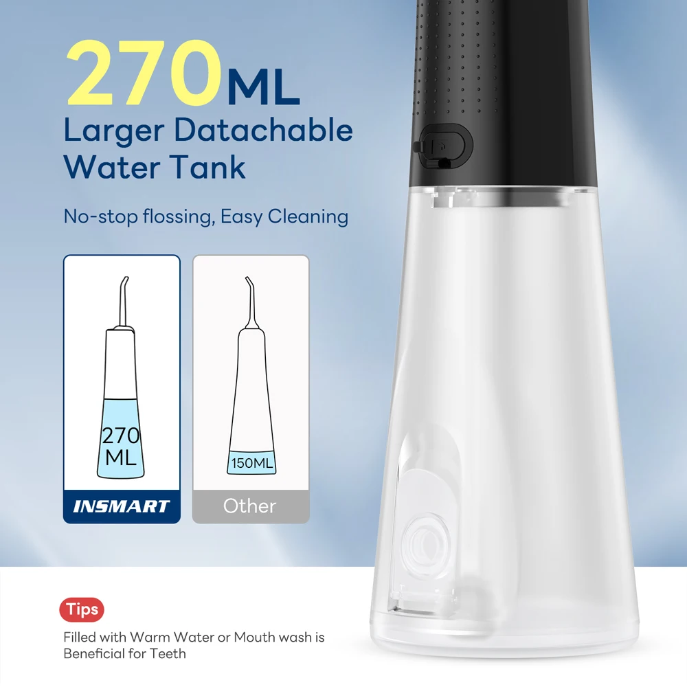 INSMART Water Flosser Dental Portable Oral Irrigator Water Flosser Teeth Whitening Waterproof Water Floss 270ML Teeth Cleaner