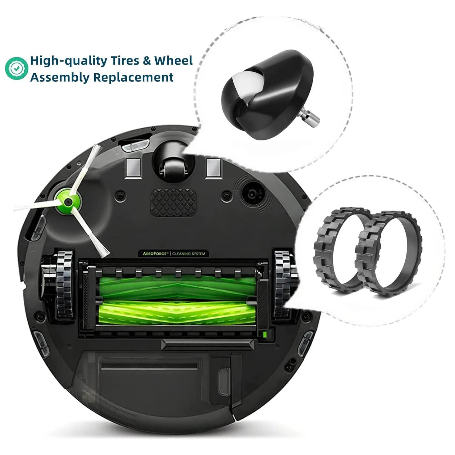 Replacement Tires for IRobot Roomba Vacuum 500, 600, 700, 800, 900, E5, E6, i7 Series, A Pair of Tires and Front Caster Wheel As