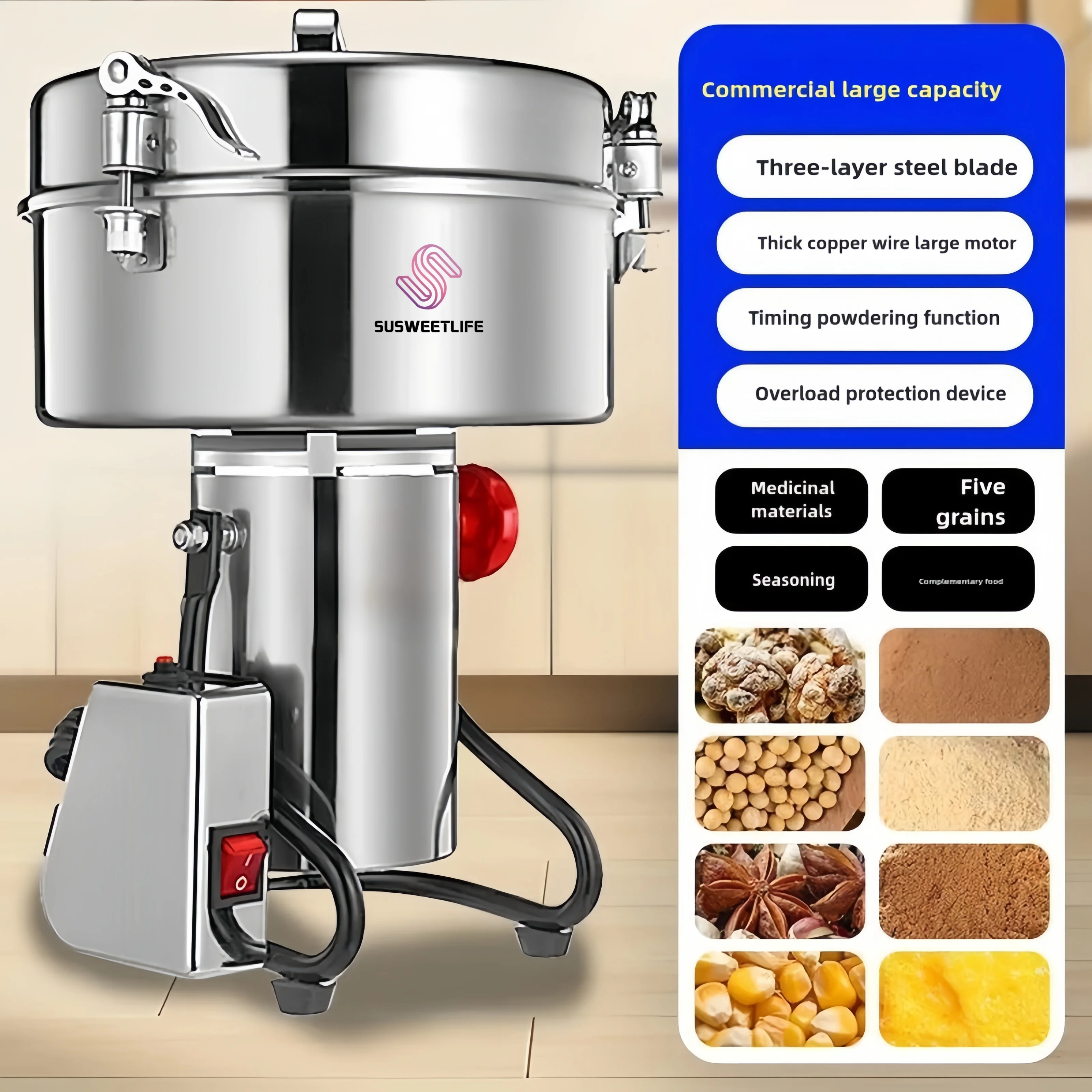 4500G Commercial Grain Grinder High Speed 4500W Cereals Medicinal Materials Spices Powder Crusher Stainless Steel Coffee Grinder