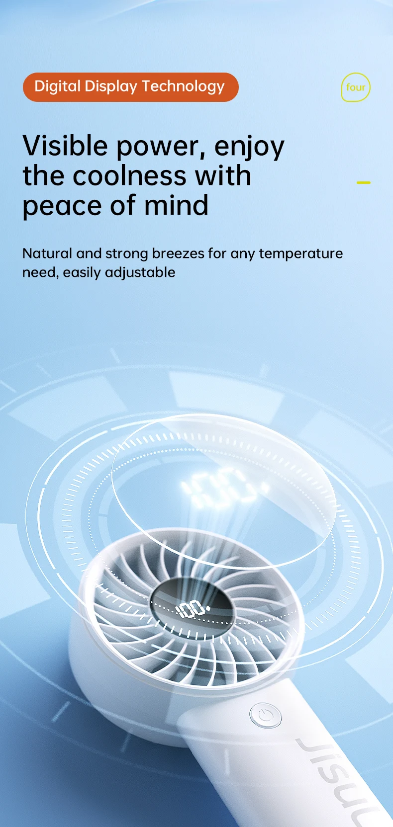 JISULIFE Handheld Fan,5 Levels of Strong Wind,Safety Lock,5000mAh Battery,LED Display,USB Rechargeable,Summer Personal Fan