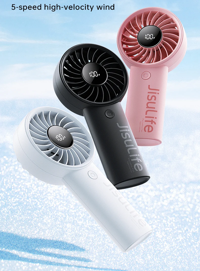 JISULIFE Handheld Fan,5 Levels of Strong Wind,Safety Lock,5000mAh Battery,LED Display,USB Rechargeable,Summer Personal Fan