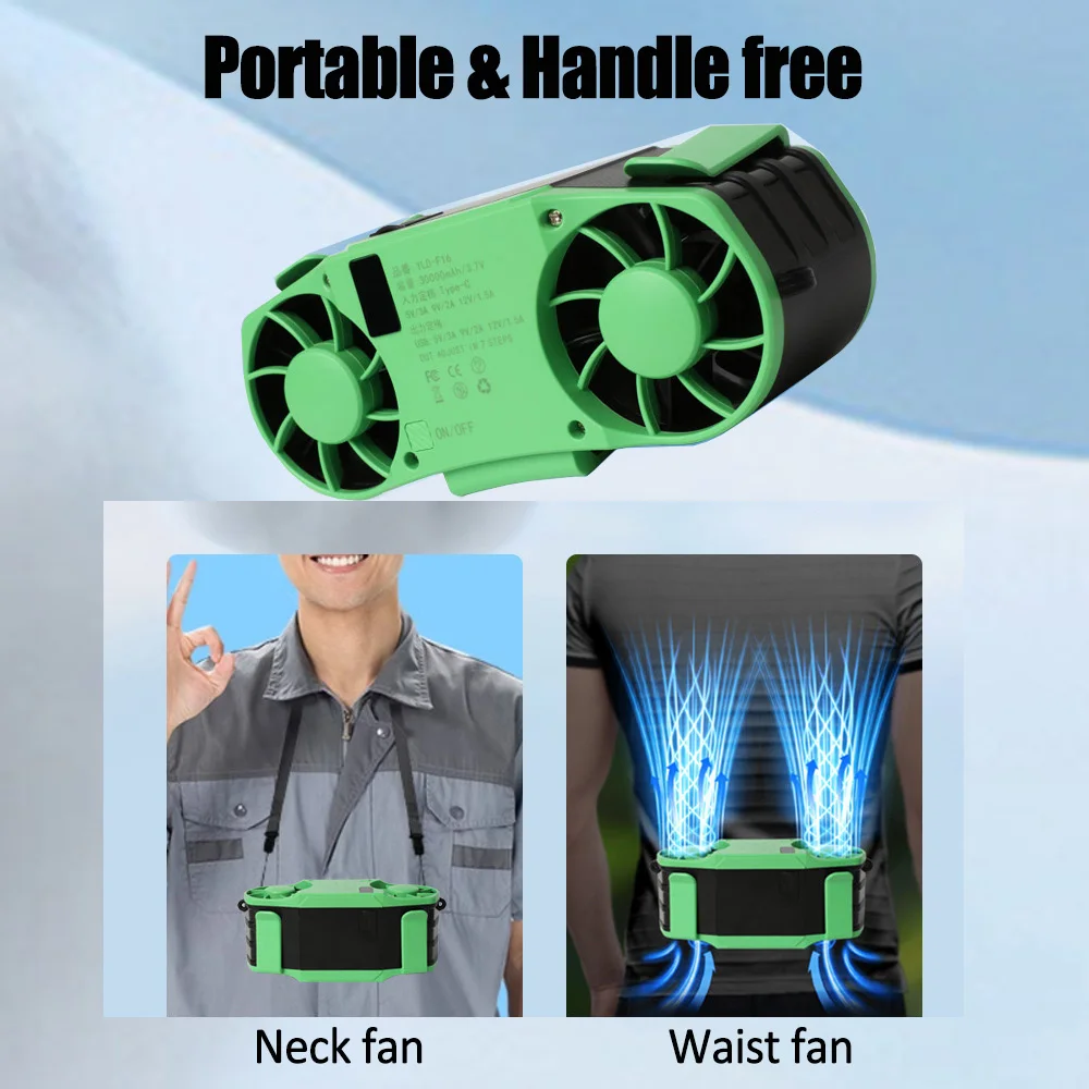 30000mAh Portable Waist Fan Strong Daul Airflow 7Speeds 11000RPM Rechargeable Clip on Fan for Outdoor Camping Fishing Max 32H