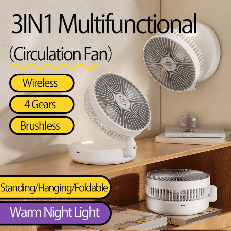 2024 New Style Small Portable Fan Rechargeable Wall Mounted Fan 90° Foldable Desktop Fan 4 Gears With Warm Night Light
