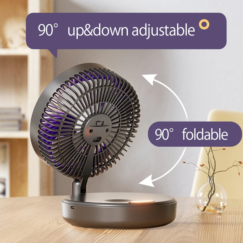 2024 New Style Small Portable Fan Rechargeable Wall Mounted Fan 90° Foldable Desktop Fan 4 Gears With Warm Night Light