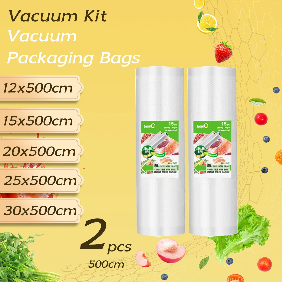 2 rolls of 500cm long textured rolls, vacuum compressed bags, single-sided mesh food vacuum packaging rolls, 2 packs