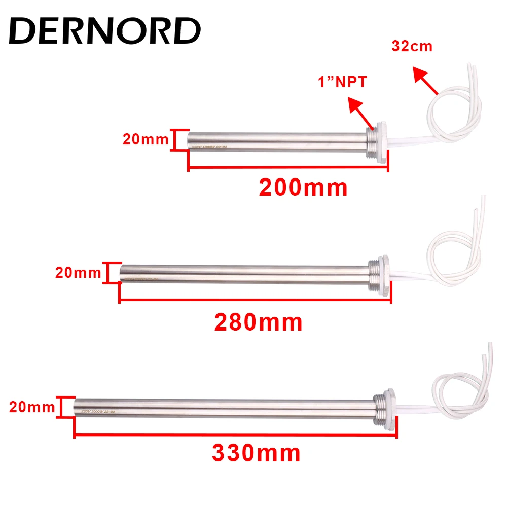 DERNORD DN25 Cartridge Immersion Heater Stainless Steel 304 Hot Water Rod 1kw/2kw/3kw Electric Tubular Heating Element 220V