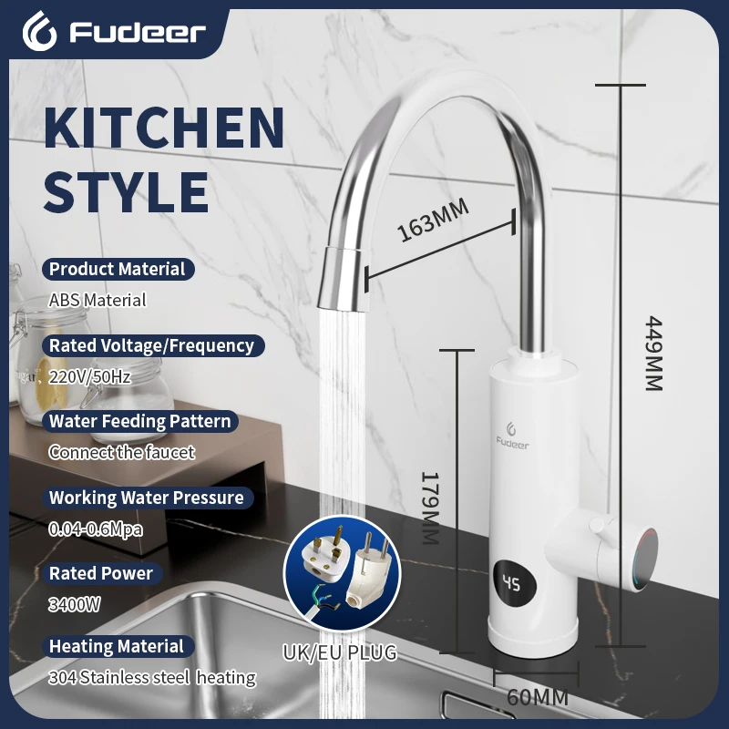 Fudeer 3400W 220V Electric Kitchen Water Heater Tap Instant Hot Stainless Steel Water Faucet Heater Cold Heating Faucet