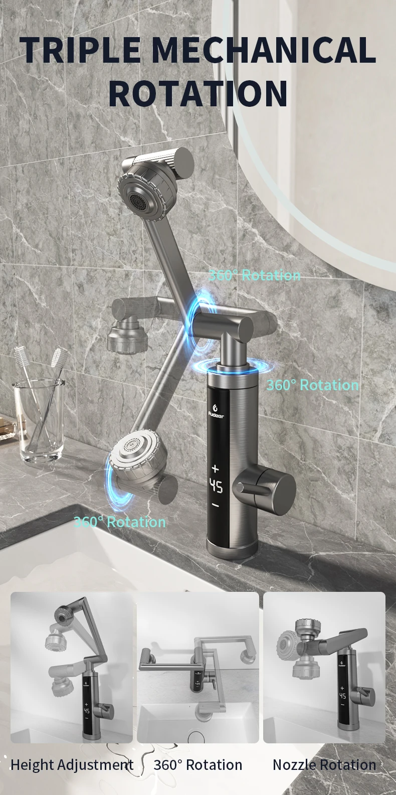 Fudeer 3400W 220V Electric Kitchen Water Heater Tap Instant Hot Stainless Steel Water Faucet Heater Cold Heating Faucet