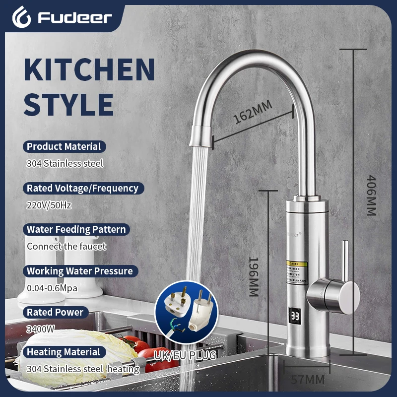 Fudeer 3400W 220V Electric Kitchen Water Heater Tap Instant Hot Stainless Steel Water Faucet Heater Cold Heating Faucet