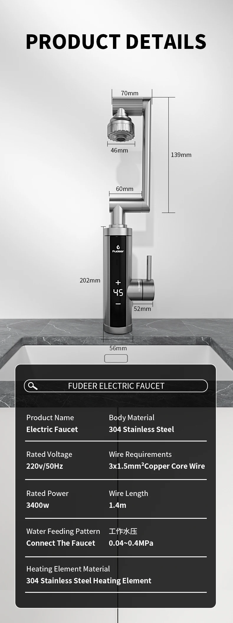 Fudeer 3400W 220V Electric Kitchen Water Heater Tap Instant Hot Stainless Steel Water Faucet Heater Cold Heating Faucet