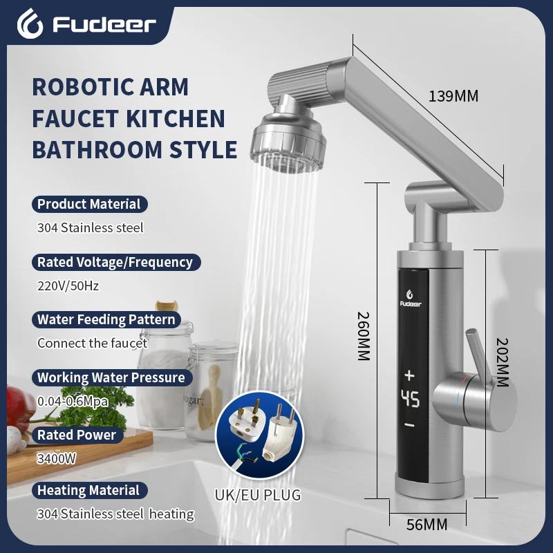 Fudeer 3400W 220V Electric Kitchen Water Heater Tap Instant Hot Stainless Steel Water Faucet Heater Cold Heating Faucet