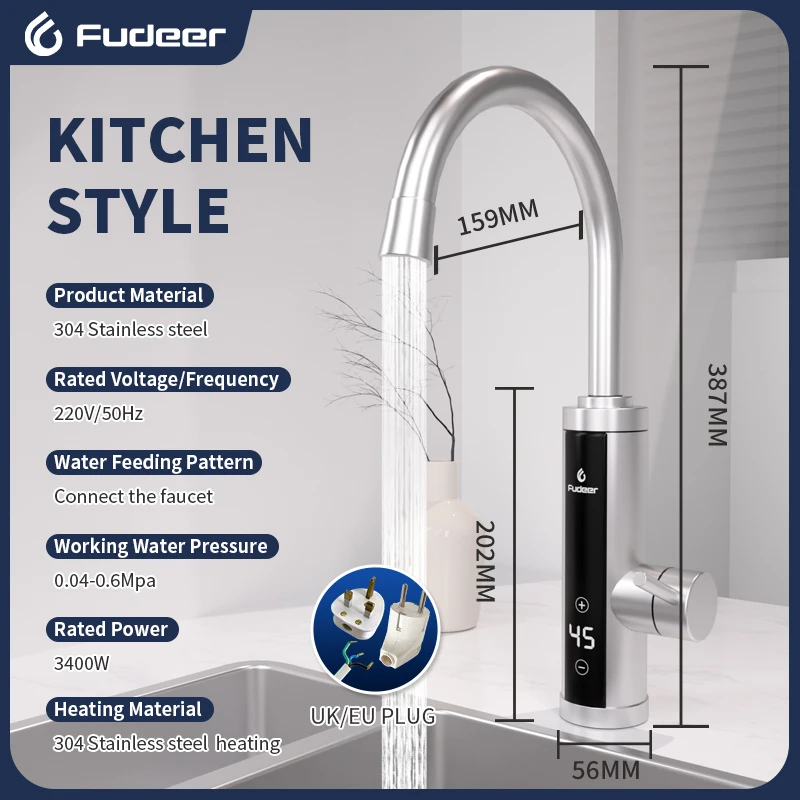 Fudeer 3400W 220V Electric Kitchen Water Heater Tap Instant Hot Stainless Steel Water Faucet Heater Cold Heating Faucet